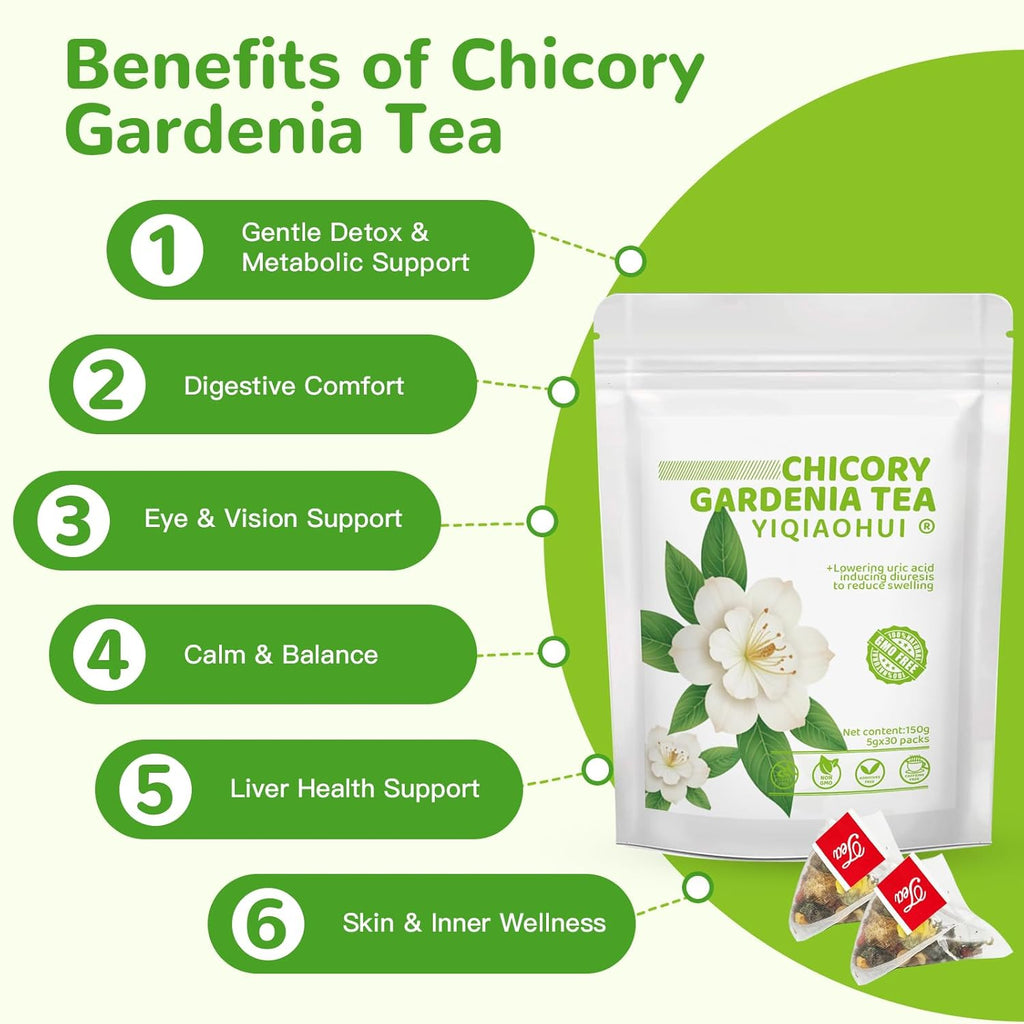 Organic Chicory Gardenia Tea for Blood Sugar Support & Healthy Digestion | 60 Bags of Herbal Tea| 10-Ingredient Blend with Chicory, Gardenia, Dandelion, Goji & Chrysanthemum | Supports Liver & Eye Health | Sugar Free, Caffeine Free, Vegan
