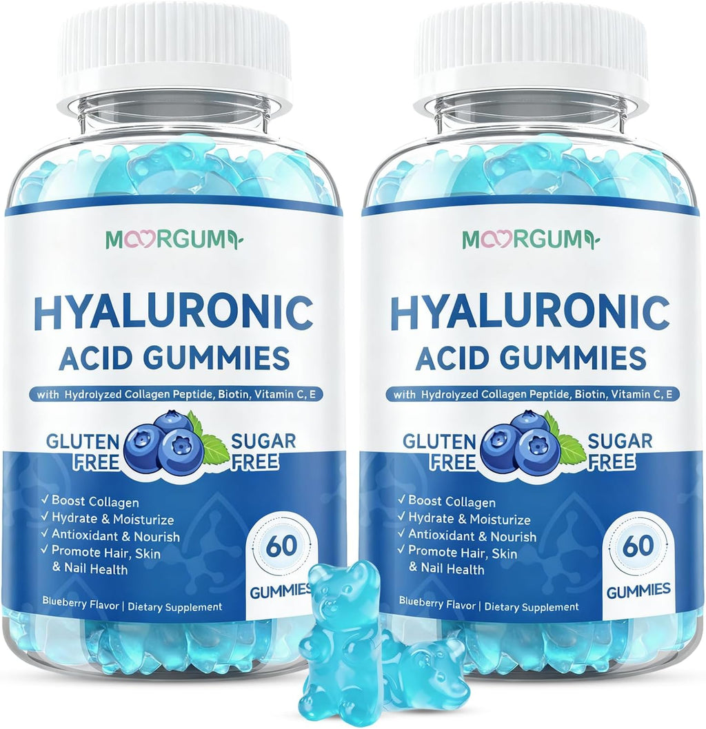 Hyaluronic Acid Supplements 1000 mg, with Hydrolyzed Collagen Peptide, Biotin, Vitamin C & E, Supports Skin, Hair & Nails Health, Bioavailable Formula Gummies, Blueberry Flavor, 120 Count