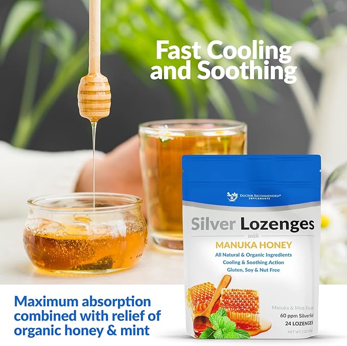 Silver Lozenges with Organic Manuka Honey and Vitamin C - All-Natural Nano Silver 45-50mcg of 60 PPM Colloidal Mineral Drops to Support Immune System, 72-Lozenges