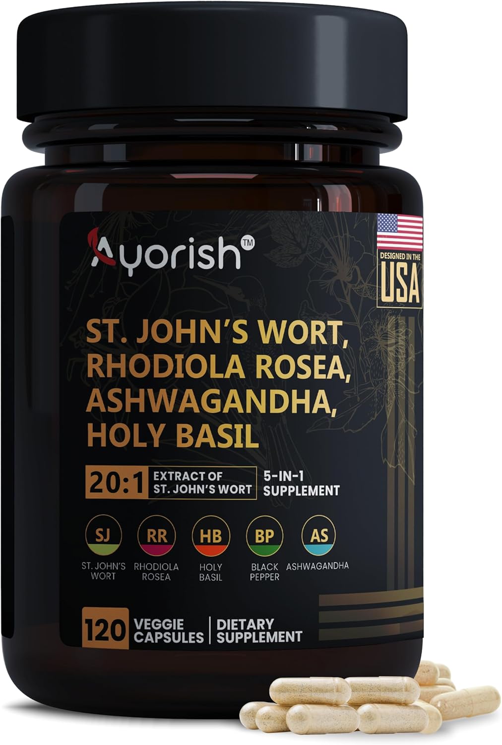 St Johns Wort 20:1, 1000mg, Rhodiola Rosea Holy Basil Ashwagandha - Mood Support for Women and Men with Vitamin C & Black Pepper Extract - 120 Caps