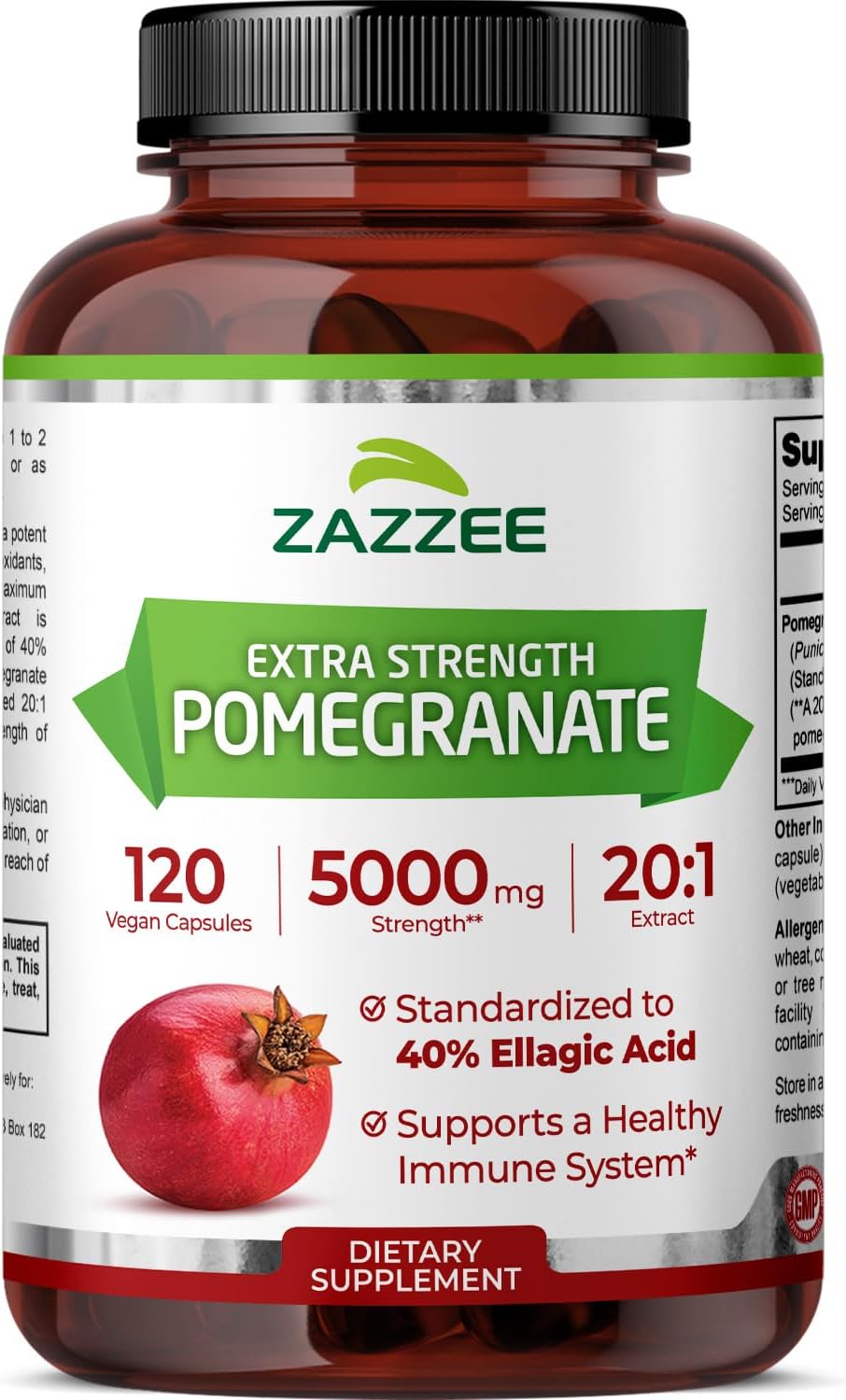 Zazzee Extra Strength Pomegranate 20:1 Extract, 5000 mg Strength, 40% Ellagic Acid, 120 Vegan Capsules, 4 Month Supply, Standardized, Concentrated 20X Extract, 100% Vegetarian, All-Natural and Non-GMO