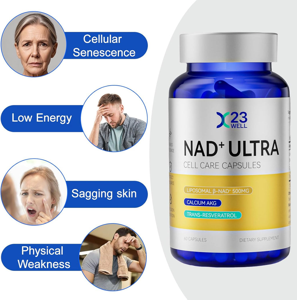 NAD+ Ultra Cell Care Capsules with Liposomal NAD+ Calcium Alpha Ketoglutarate & Trans-resveratrol for Energy Focus Healthy Aging 60 Capsules Supplement