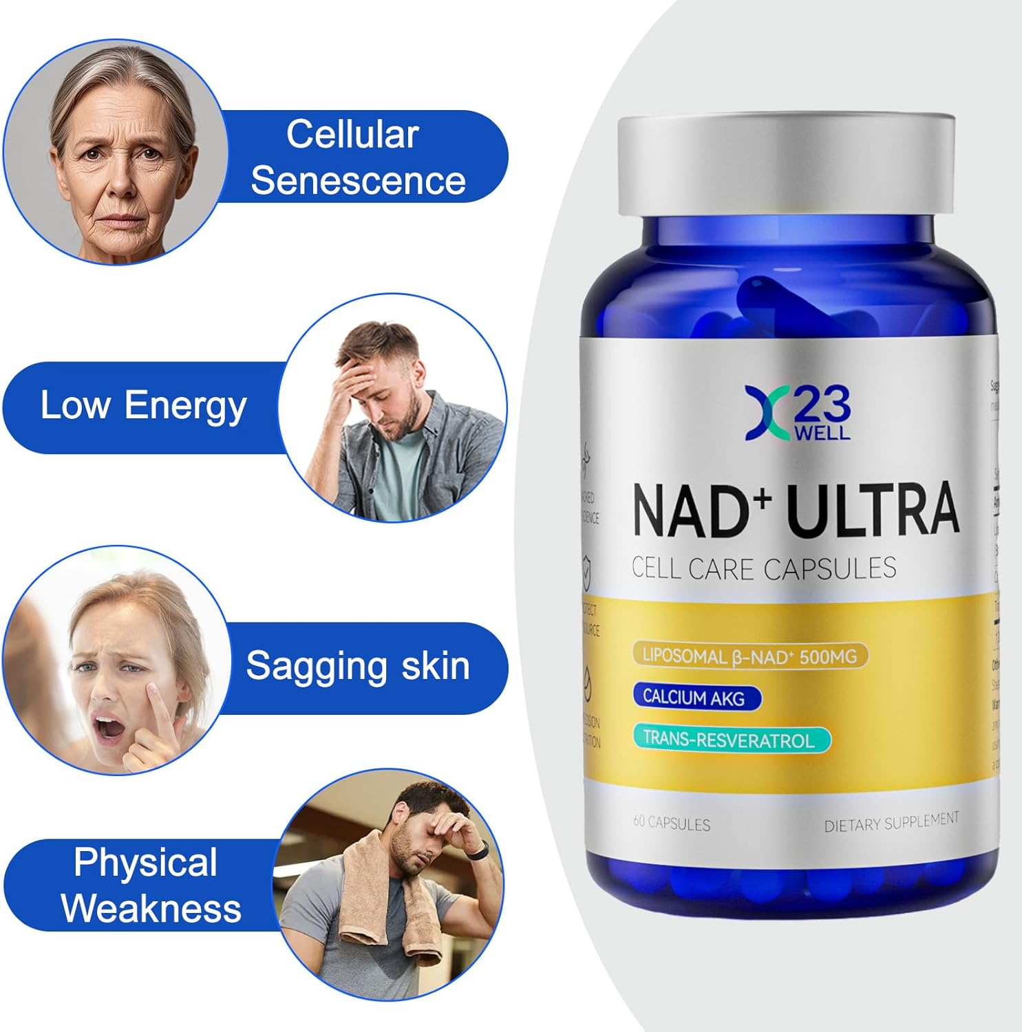 NAD+ Ultra Cell Care Capsules with Liposomal NAD+ Calcium Alpha Ketoglutarate & Trans-resveratrol for Energy Focus Healthy Aging 60 Capsules Supplement