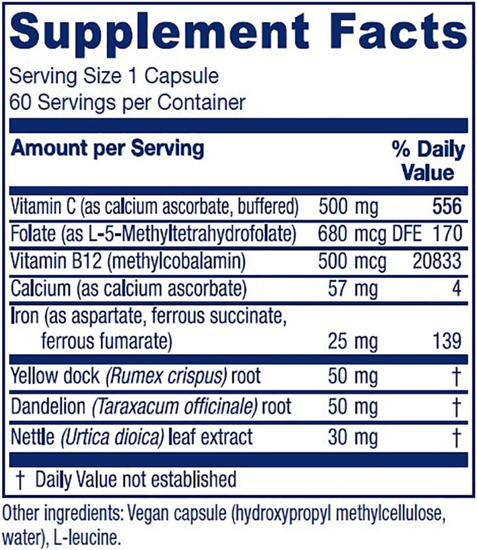 Vitanica Iron Extra, Iron Supplement Enhanced Absorption with Vitamin C 500mg, Methylfolate 400mcg, B12 Vitamin 500mcg, Calcium, Yellow Dock, Dandelion Root & Nettle Leaf Extract, Vegan, 60 Capsules