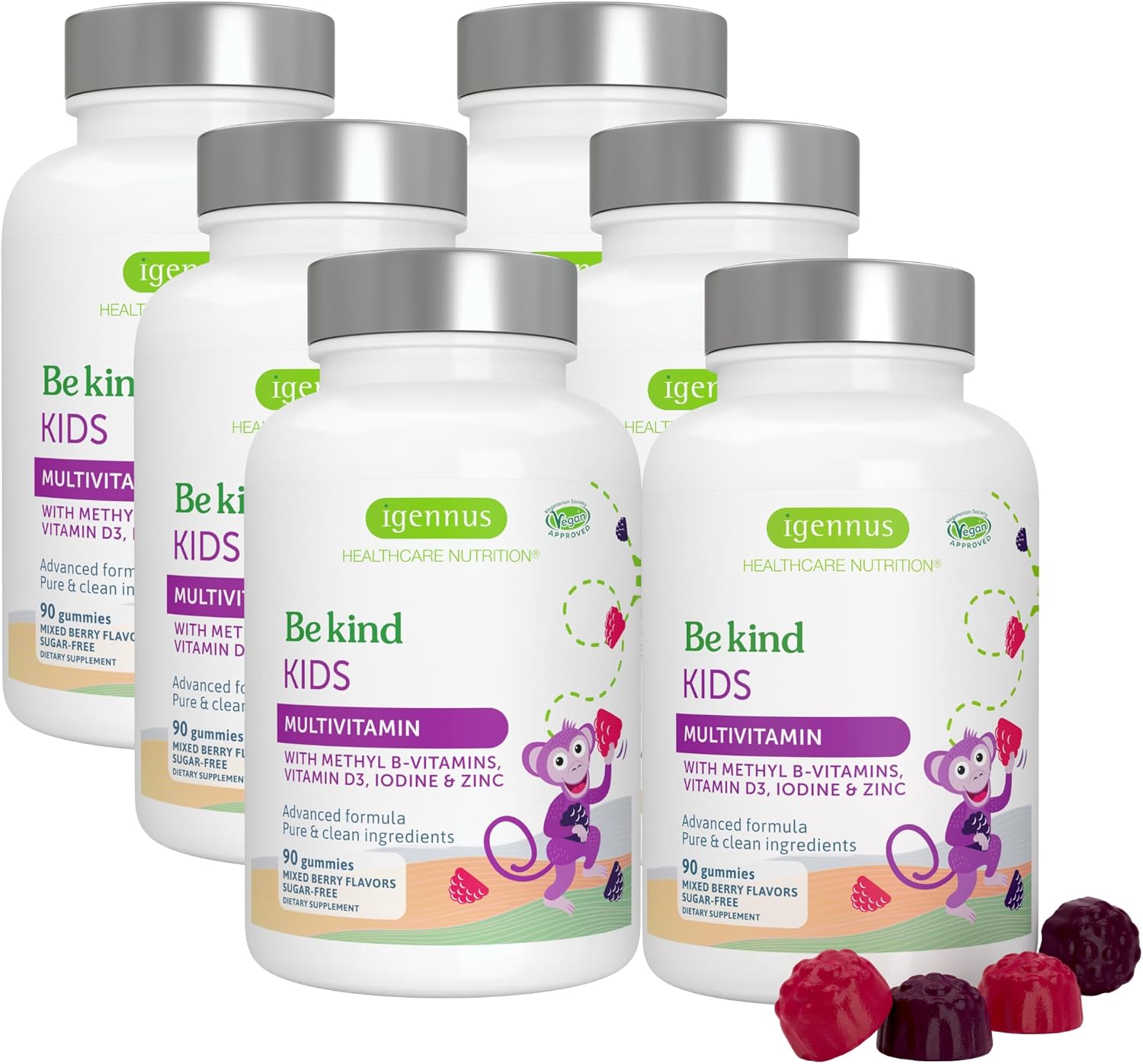 Igennus Methylated Kids Multivitamin Gummy, MTHFR, No Artificial Sweeteners or Flavors, Sugar Free, Age 4+, 90 Natural Berry Flavor Gummies from Fruit Powder, Non-GMO, Halal, Clean Label x6