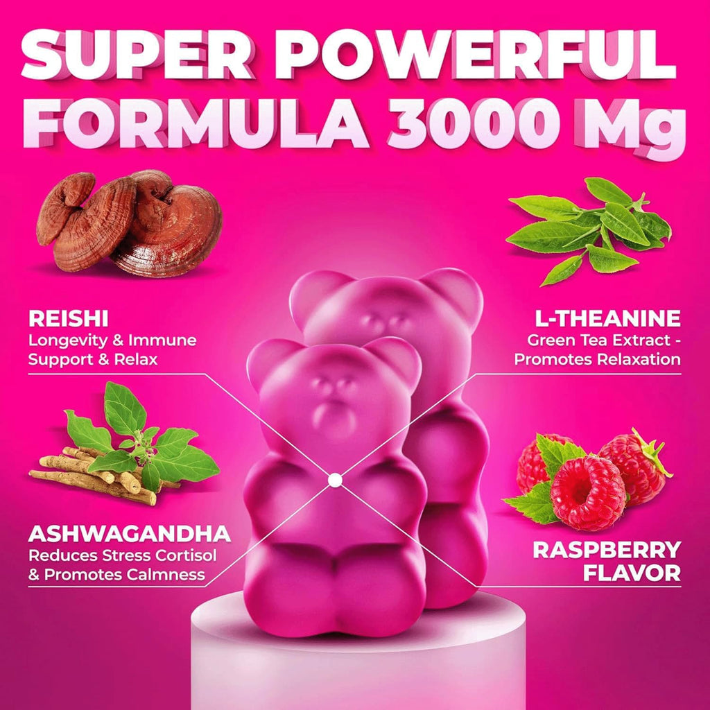 Natural Reishi Mushroom Gummies & L Theanine with Ashwagandha - Potent Mushroom Supplements for Immune Support, Stress Relief & Improve Sleep Gummies - Ashwagandha Gummies for Women & Men
