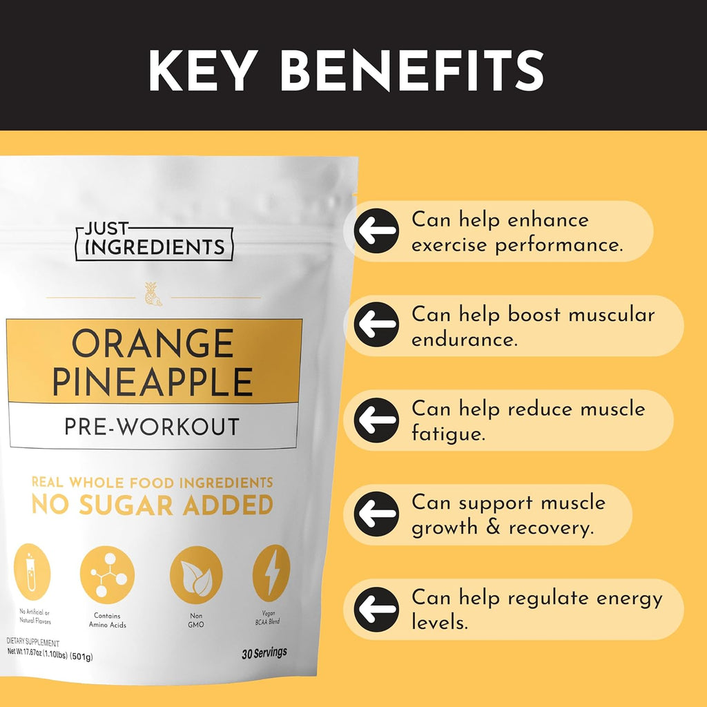 JUST INGREDIENTS Pre-Workout – Orange Pineapple| 30 Servings, BCAA Blend, Beta Alanine, Citrulline Malate, Ginseng, Maca Root, Taurine| Supports Energy, Focus & Endurance