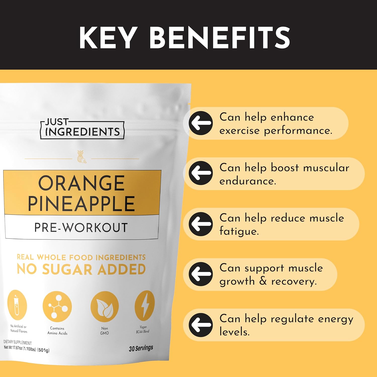 JUST INGREDIENTS Pre-Workout – Orange Pineapple| 30 Servings, BCAA Blend, Beta Alanine, Citrulline Malate, Ginseng, Maca Root, Taurine| Supports Energy, Focus & Endurance