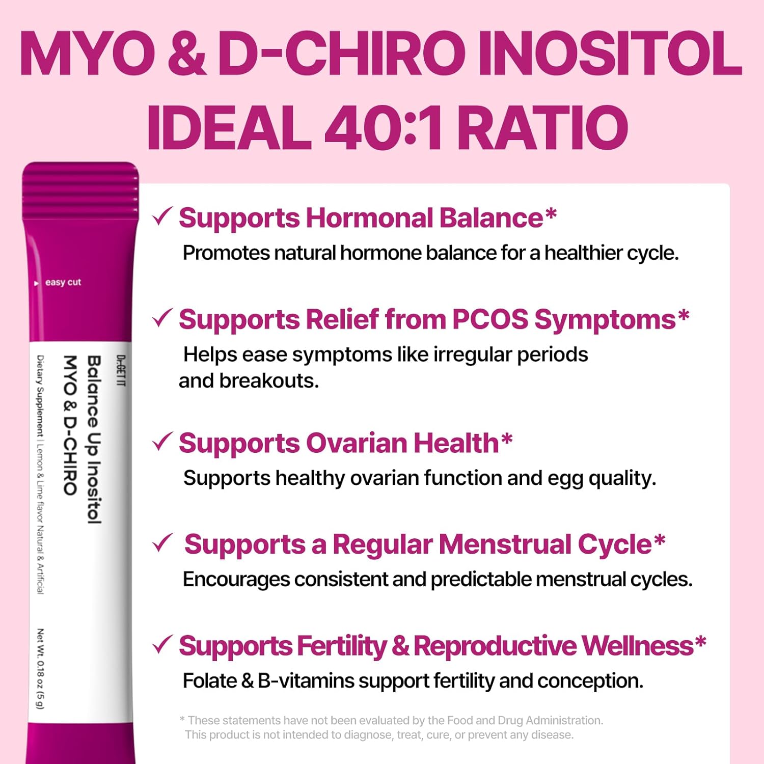 Balance Up Myo-Inositol & D-Chiro Inositol | 40:1 with Folate & Choline Hormone & Reproductive Health for Women| On-The-Go Powder Stick Supplement| Lemon Lime Flavor 30 Single-Serve Sticks