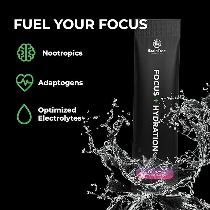 BrainTree Nutrition - Focus + Hydration - Electrolyte Drink Mix - Total Body Hydration - Supports Cognitive Function, Energy & Muscle Recovery - Sugar Free - Berry - 30 Stick Packs