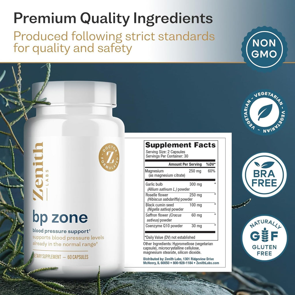 Zenith Labs BP Zone - Natural Blood Flow Supplement - Herbal Extract Pills - Advanced Formula with Saffron Crocus, Hibiscus, Garlic, CoQ10, and Magnesium