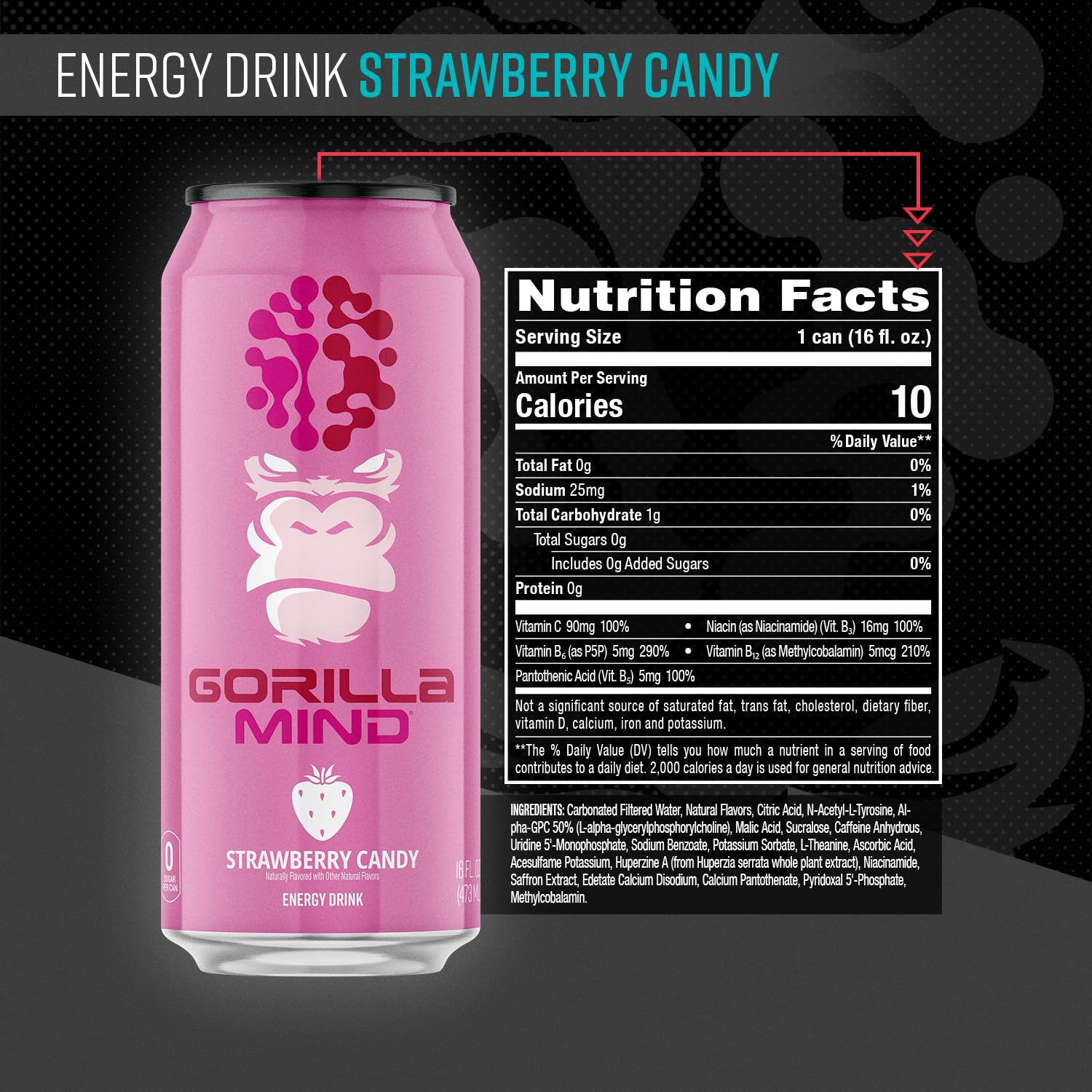 Gorilla Mind Energy Drink | Unmatched Energy · Amplified Focus | N-Acetyl-L-Tyrosine, Alpha-GPC, 200mg Caffeine, Uridine, Saffron | 0 Sugar Or Artificial Colors | 16oz, 12-Pack (Strawberry Candy)