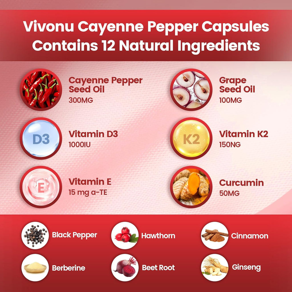 VivoNu Cayenne Pepper Softgels Supplement, Supports Leg Vein, Heart and Blood Vessel Health, with Vitamin E D3+K2 and Extracts of Grape Seed, Hawthorn, Beetroot, Berberine and Others