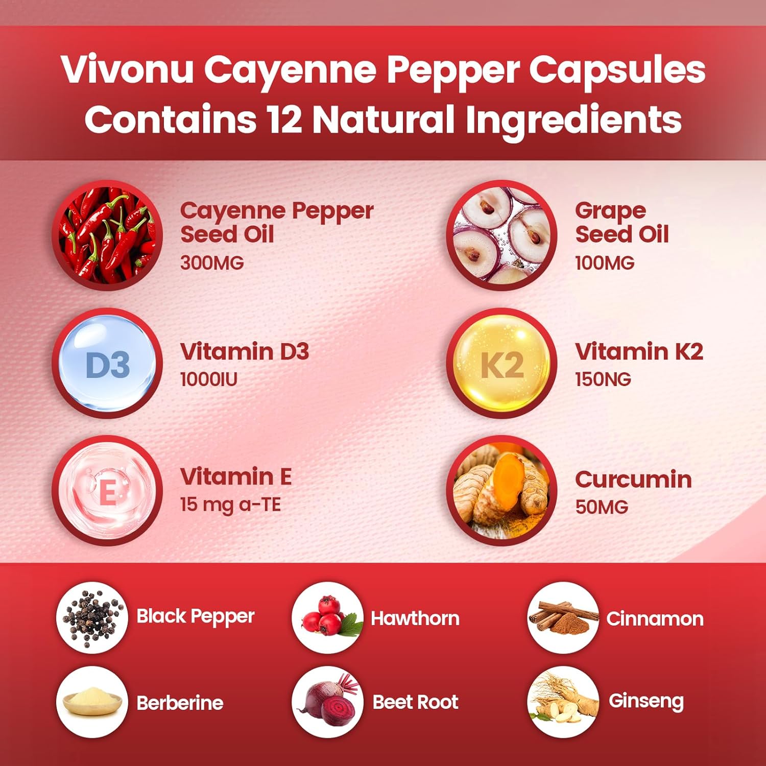 VivoNu Cayenne Pepper Softgels Supplement, Supports Leg Vein, Heart and Blood Vessel Health, with Vitamin E D3+K2 and Extracts of Grape Seed, Hawthorn, Beetroot, Berberine and Others