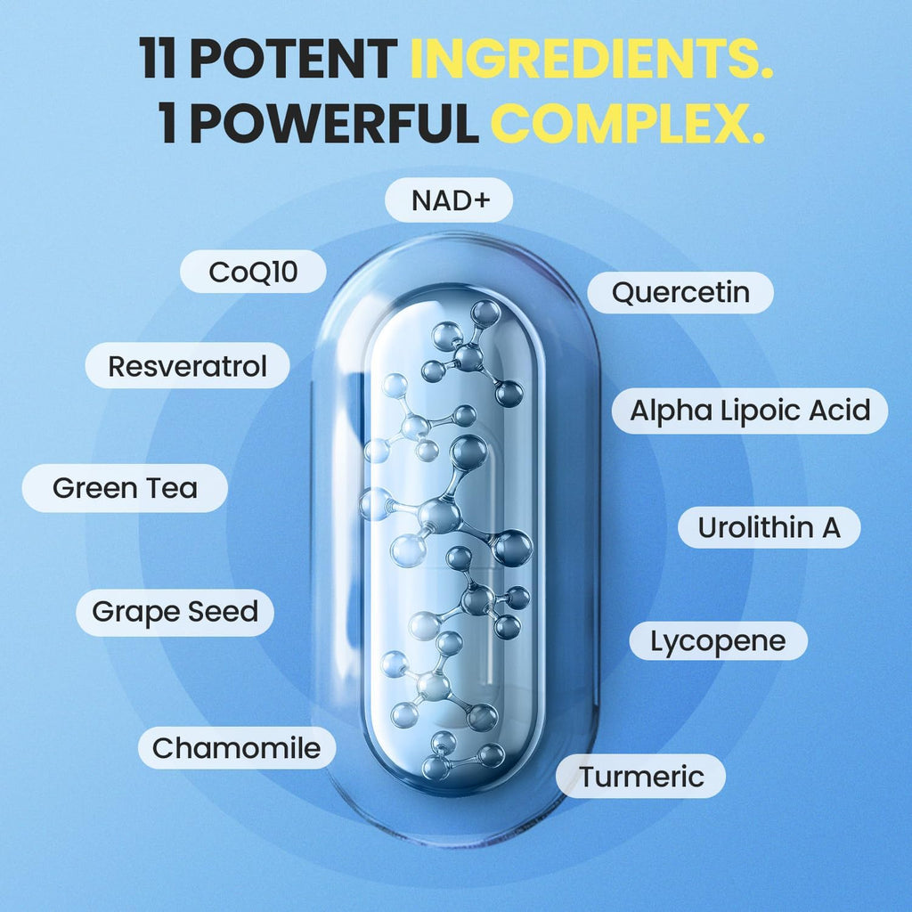 NAD+ Supplement Extra Strength - Liposomal + Resveratrol for Women & Men, CoQ10, Alpha Lipoic Acid, Green Tea, Quercetin, Urolithin A, Lycopene – High Purity Anti-Aging, Energy & Regeneration – 60ct