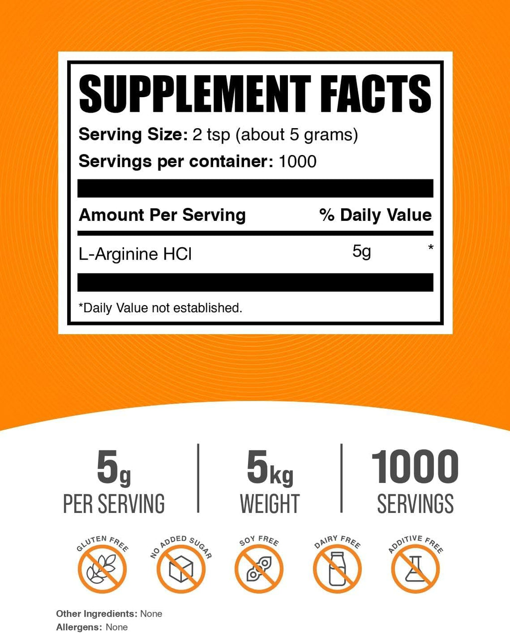 BulkSupplements.com L-Arginine HCl Powder - Nitric Oxide Supplement, Arginine Powder - Unflavored & Gluten Free, 5g per Serving, 1kg (Pack of 5) (11 lbs)