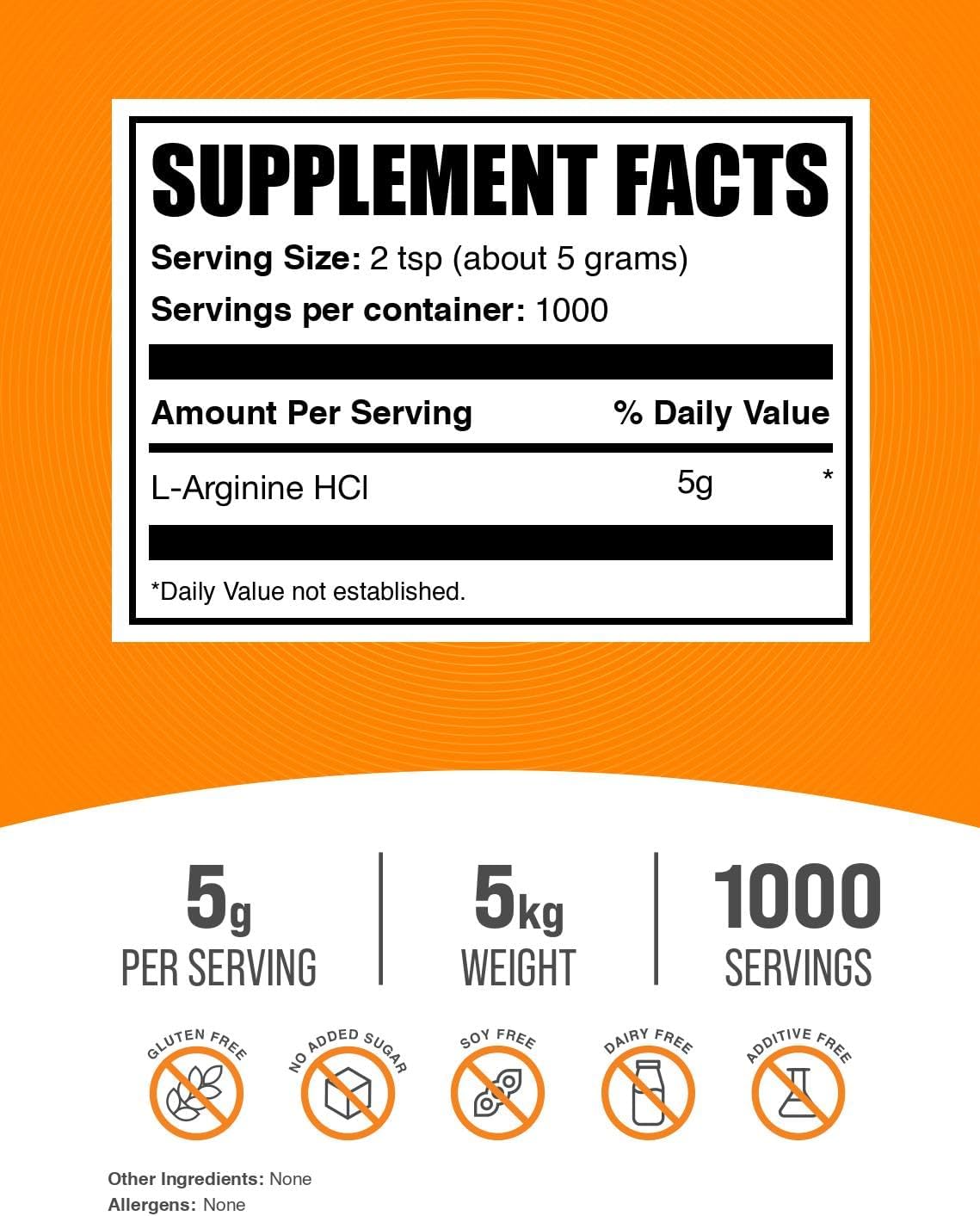 BulkSupplements.com L-Arginine HCl Powder - Nitric Oxide Supplement, Arginine Powder - Unflavored & Gluten Free, 5g per Serving, 1kg (Pack of 5) (11 lbs)