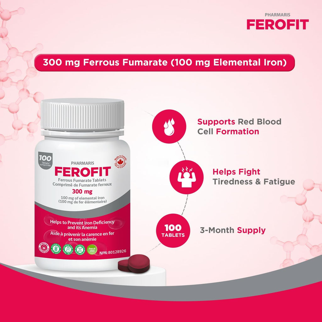 Ferofit – Ferrous Fumarate 300mg (100mg Elemental Iron), 100 Tablets, Cost-Effective Iron Supplement, Prevent Iron Deficiency Anemia, Iron Supplement for Women & Men