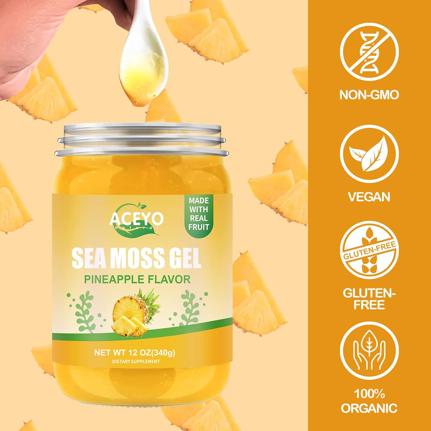 ACEYO (12 OZ Irish Sea Moss Gel Raw Vegan Pineapple Flavor 102 Vitamins and Minerals Wild Harvested Non-GMO Immune Defense Booster Thyroid Digestive Support