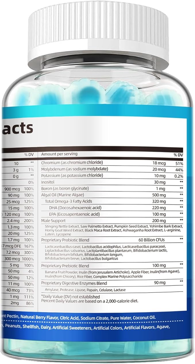 2-Pack Multivitamin for Men, Mens Multivitamins Gummies w/Omega-3, Probiotics, Inositol, Folate, Male Support Blend, Vitamins A, C, D, E, B - Support Heart, Brain, Muscle, Energy, Sugar-Free