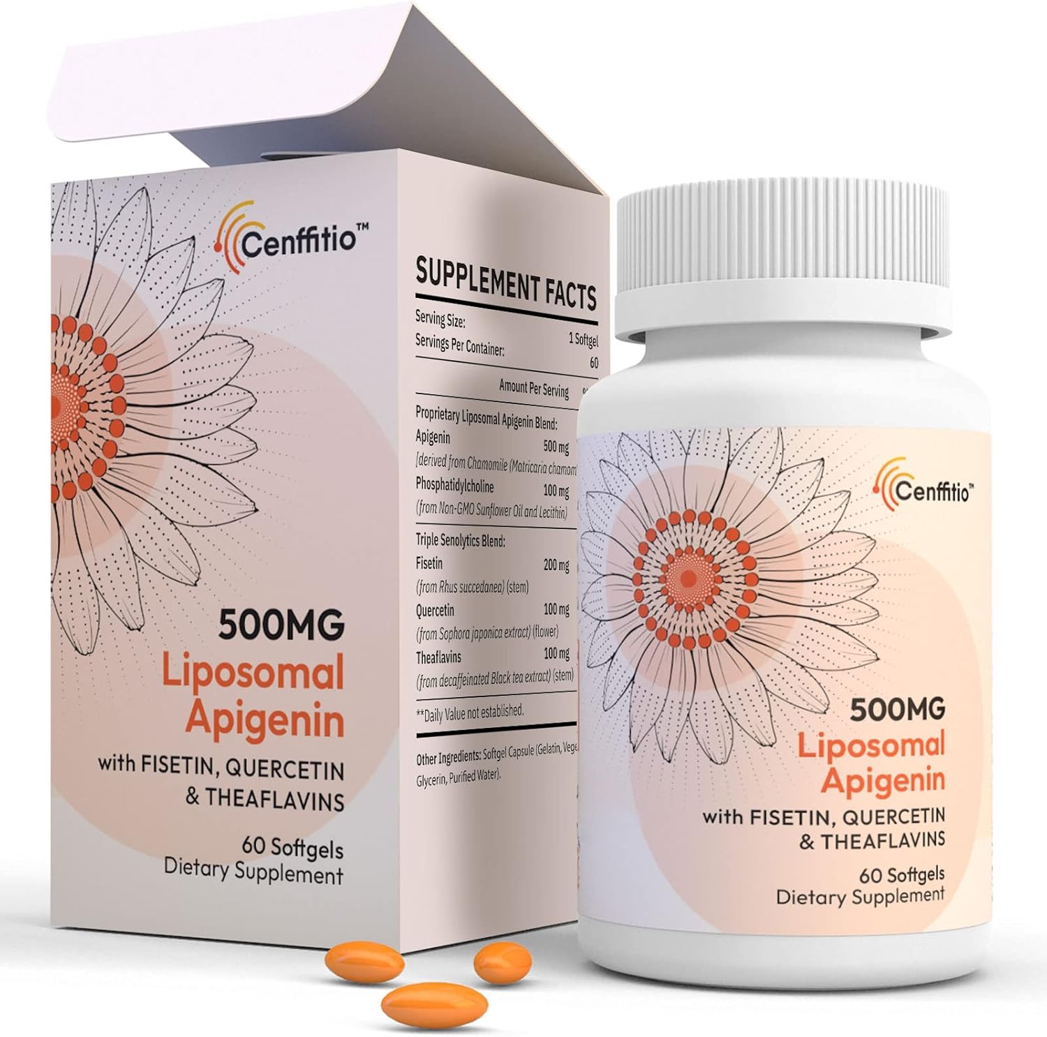 Liposomal apigenin 500mg Softgels - Optimal Apigenin Supplement with Fisetin, Quercetin and Theaflavins (60 Count (Pack of 1))