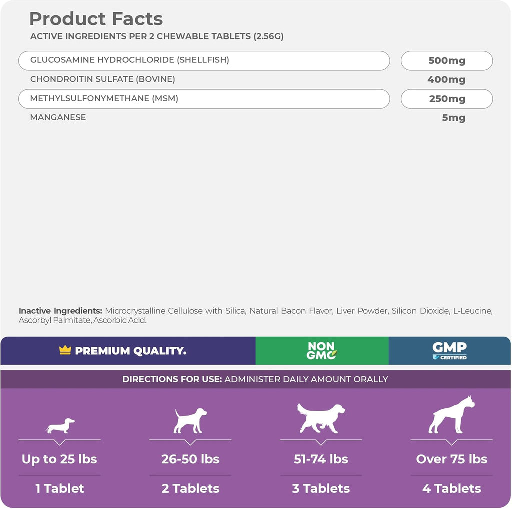 Joint Supplement for Dogs - 120 Chewable Tablets - with Glucosamine, Chondroitin, MSM and Manganese for Hip, Tissue, and Mobility Support, Dog Joint Pain Relief