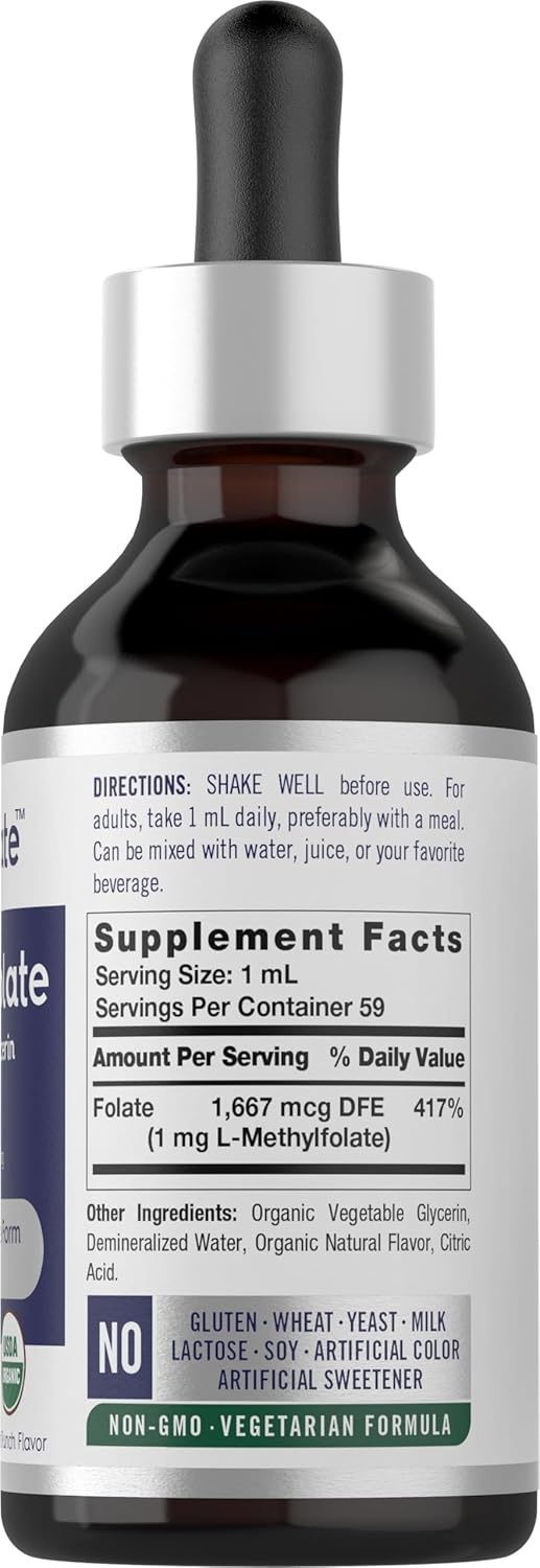 Carlyle L-Methylfolate Drops 1mg | 2 Fl Oz | with Organic Glycerin | Liquid Sublingual Supplement | Fruit Punch Flavor | Vegetarian, Non-GMO