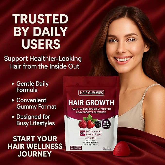 Lumin Hair Growth Gummies – Daily Hair Nourishment with Biotin, Collagen & Botanical Extracts – Supports Thicker, Stronger & Healthier-Looking Hair – Mixed Berry Flavor, 60 Gummies (1)