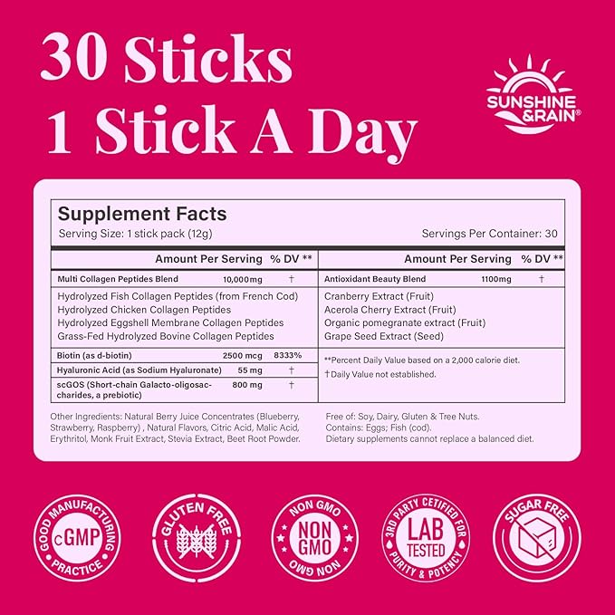 Multi Collagen Peptides Powder for Women – 10g Hydrolyzed Collagen Type I, II, III, V & X with Biotin, Hyaluronic Acid & Prebiotics | Hair, Skin, Nail & Bone Support | Berry Flavor | 30 Stick Packs