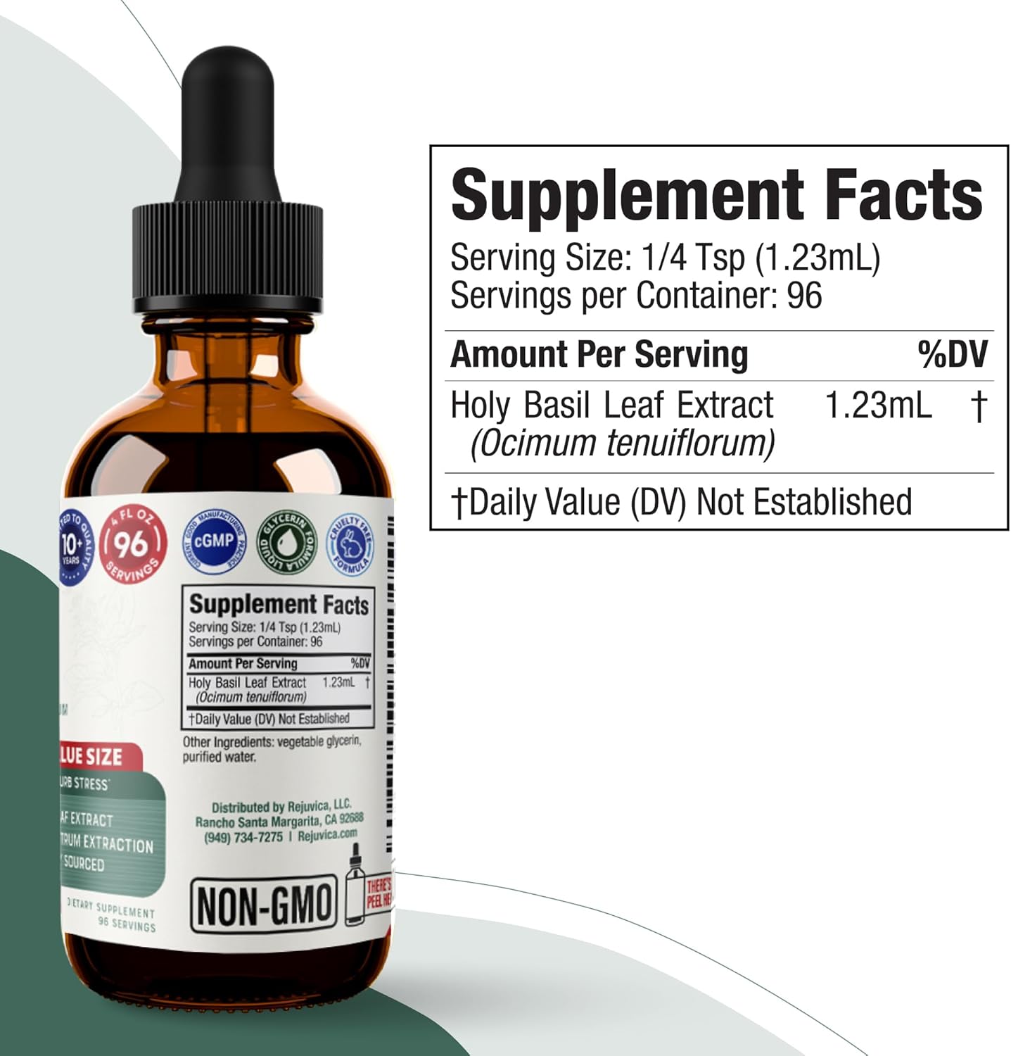 Rejuvica Health Active Holy Basil 4oz XL Super Size - Advanced Stress Support Supplement Drops - Holy Basil Leaves Liquid Extract - Vegan Sugar Free Non GMO Tincture