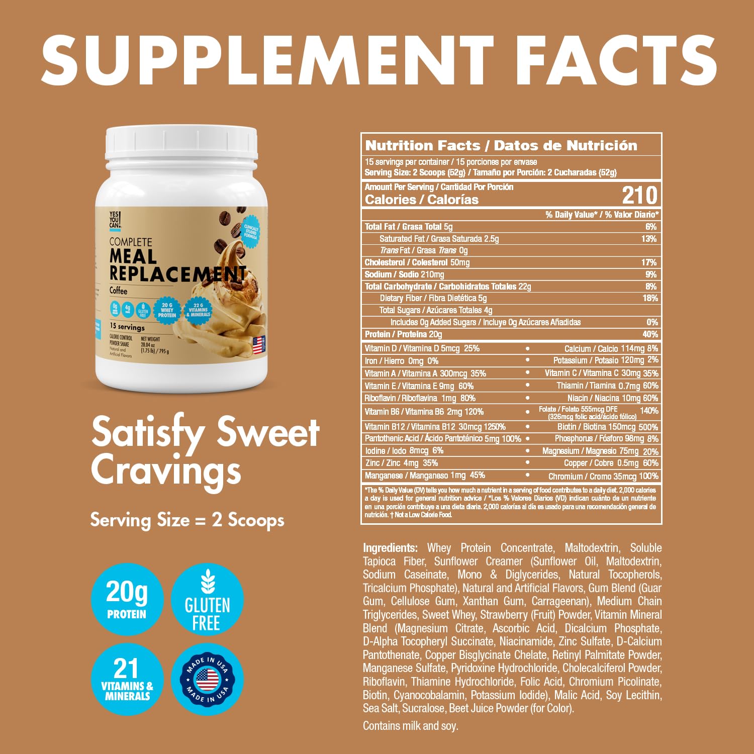 Yes You Can! Meal Replacement Shake - 20G Protein, 4G Fiber, 21 Vitamins & Minerals, 0G Added Sugar - Meal Replacement Protein Powder - Complete All-in-One Nutrition - 15 Servings (Coffee)