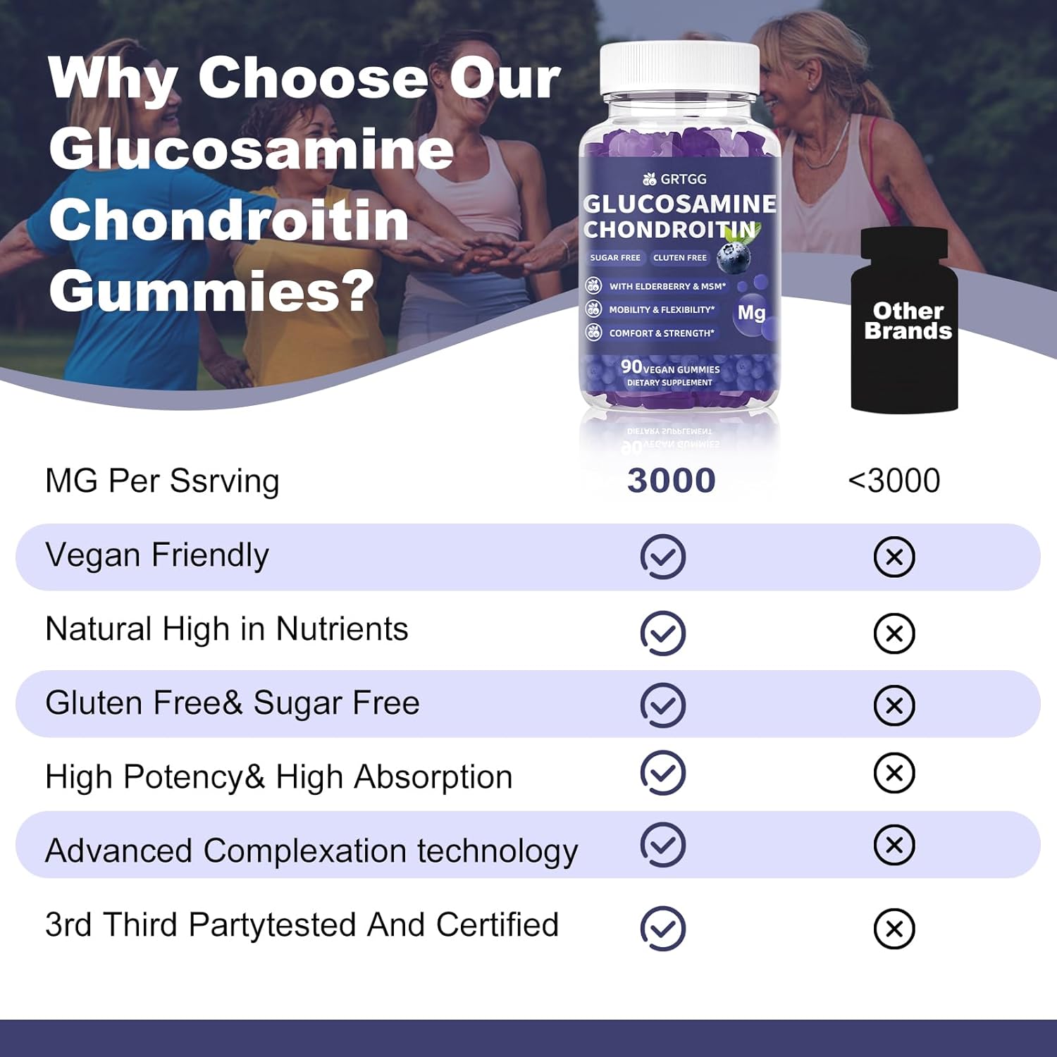 Glucosamine Chondroitin Gummies with MSM & Elderberry Extra Strength 3000MG - Joint Support, Antioxidant Immune Support Supplement for Adults, Men & Women - 90 Blueberry Gummies
