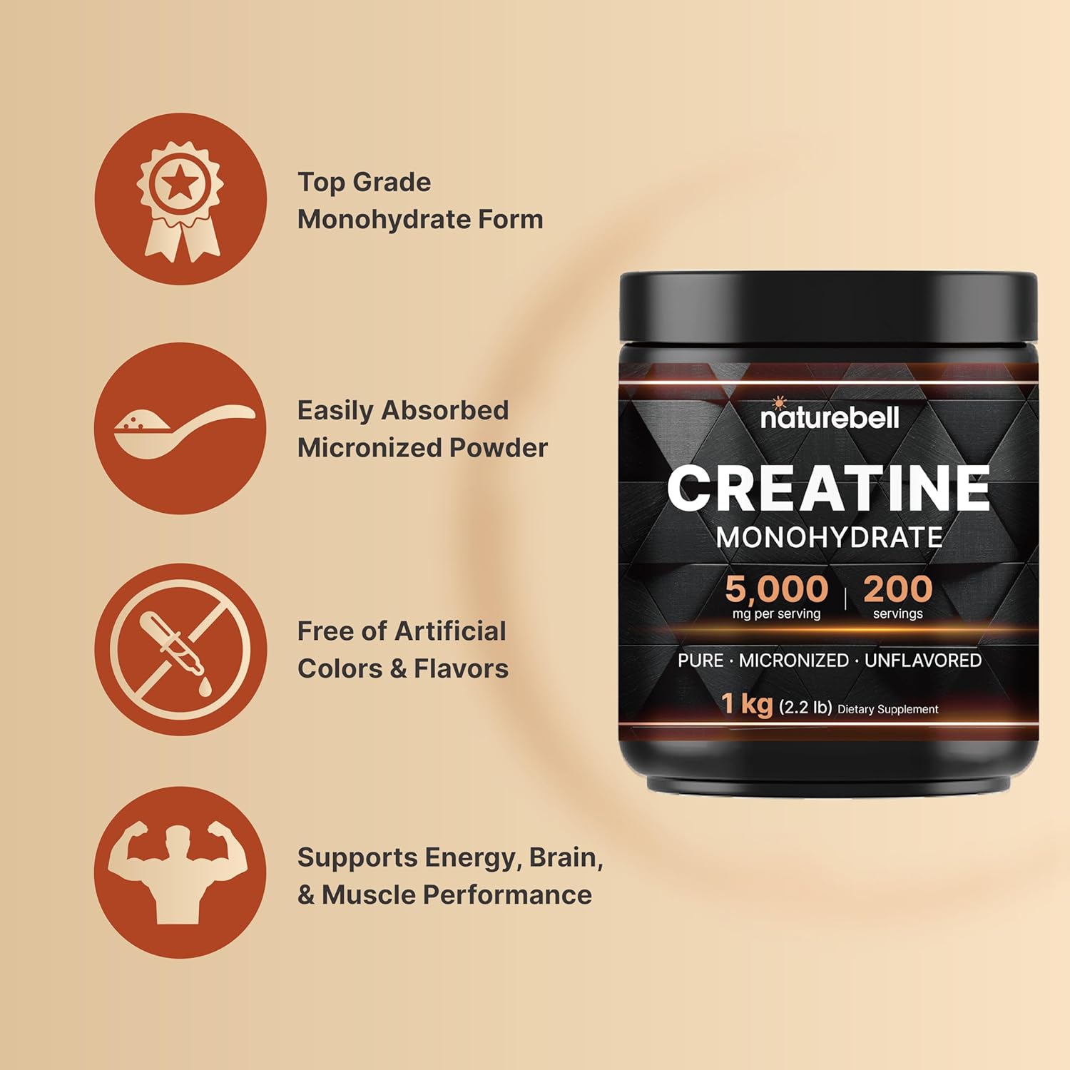 NatureBell Creatine Monohydrate Powder 1,000g, 5,000mg Per Serving | Micronized, Pure & Unflavored | Pre-Workout Muscle Support | Keto, Vegan, Filler-Free | 200 Servings (2.2 lb)