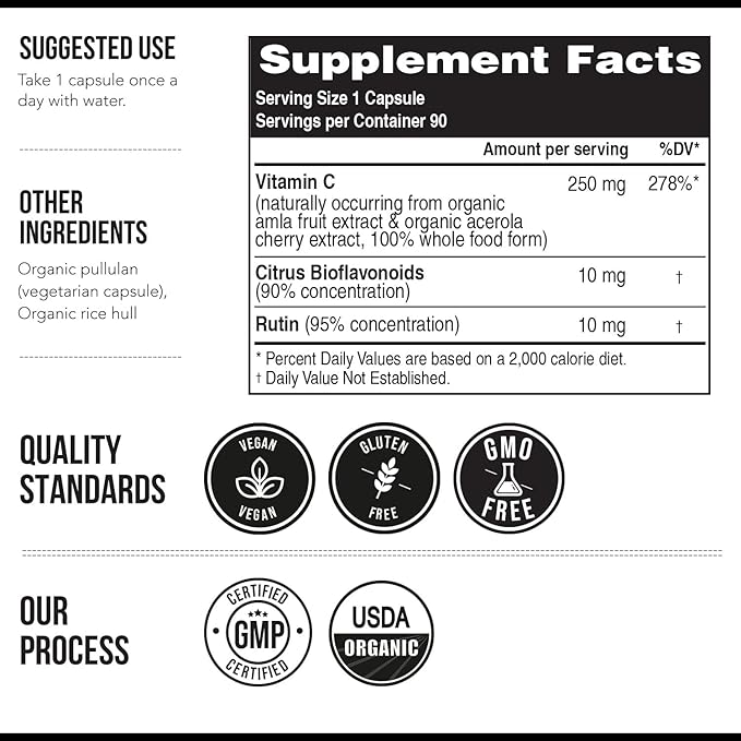 Organic Vitamin C | Whole Food Vitamin C from Fruit Plus Absorption Enhancing Cofactors - Vegan, Enhanced Bioavailability - Immune Support, Antioxidant, Total Health (90 Servings) - 2-Pack