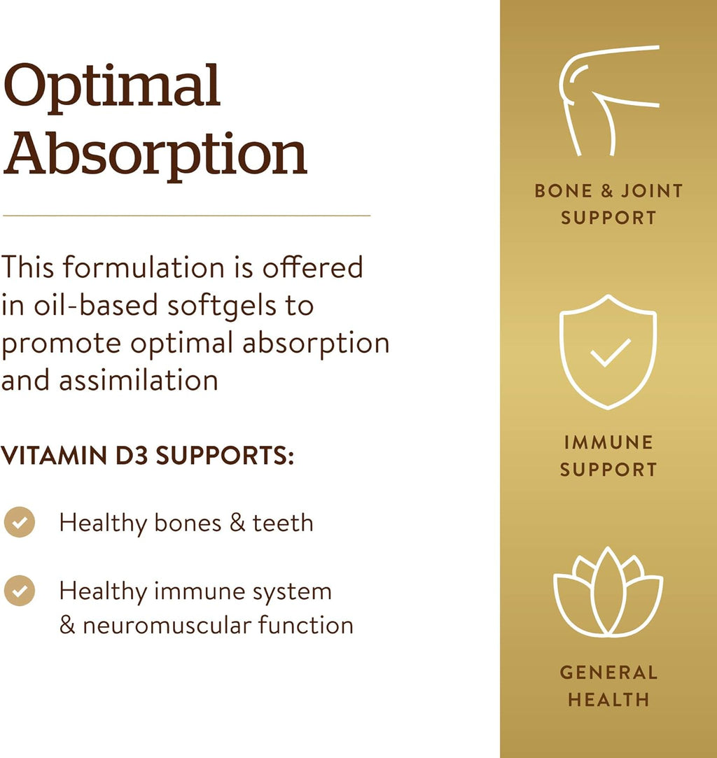 Solgar Vitamin D3 (Cholecalciferol) 125 MCG (5000 IU), 100 Softgels - Helps Maintain Healthy Bones & Teeth - Immune System Support - Non GMO, Gluten-Free, Dairy Free - 100 Servings
