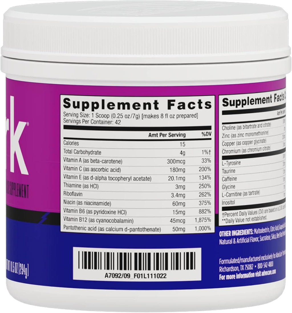 AdvoCare Spark Vitamin & Amino Acid Supplement - Focus & Energy Drink Powder Mix with Vitamin A, B-6, C & E - Also Includes L-Carnitine & L-Tyrosine - Grape - 10.5 oz