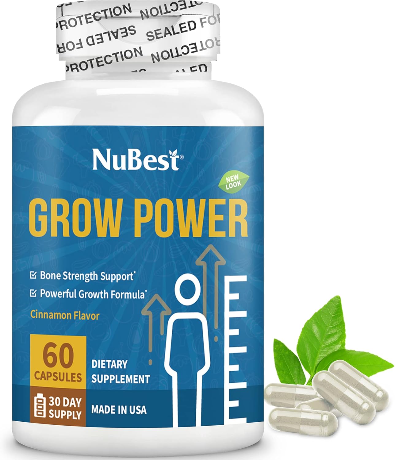 NuBest Grow Power - Bone Strength Supplement with Calcium, Magnesium, Vitamin D3, Zinc for Age 10+ - Helps Bone Health, Brain Growth, Immunity - Free of Growth Hormone - 60 Capsules
