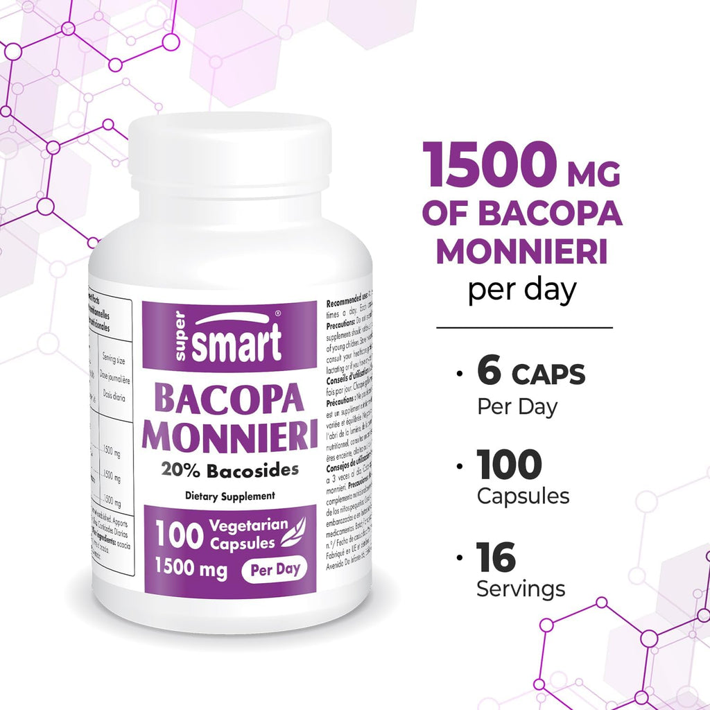 Supersmart - Bacopa Monnieri 1500 mg Per Day - Nootropic Supplement & Brain Boost - Help Improve Learning, Memory & Information Processing | Non-GMO & Gluten Free - 100 Vegetarian Capsules