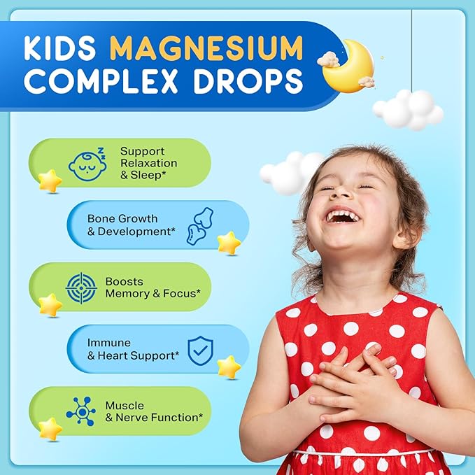 Magnesium Glycinate Liquid for Kids, Kids Magnesium Liquid Drops Supplement with L-Theanine, Calcium, Zinc, Vitamin D3 K2 for Sleep Calm Relaxation Brain Bones Focus, Lemon Flavor 2 Fl Oz