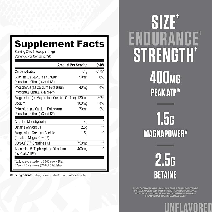 RYSE Loaded Creatine for Men & Women - Unflavored - Muscle Building Formula with 3 Forms of Electrolytes, Betaine Anhydrous and Peak ATP - Strength, Power & Endurance Support - 30 Servings