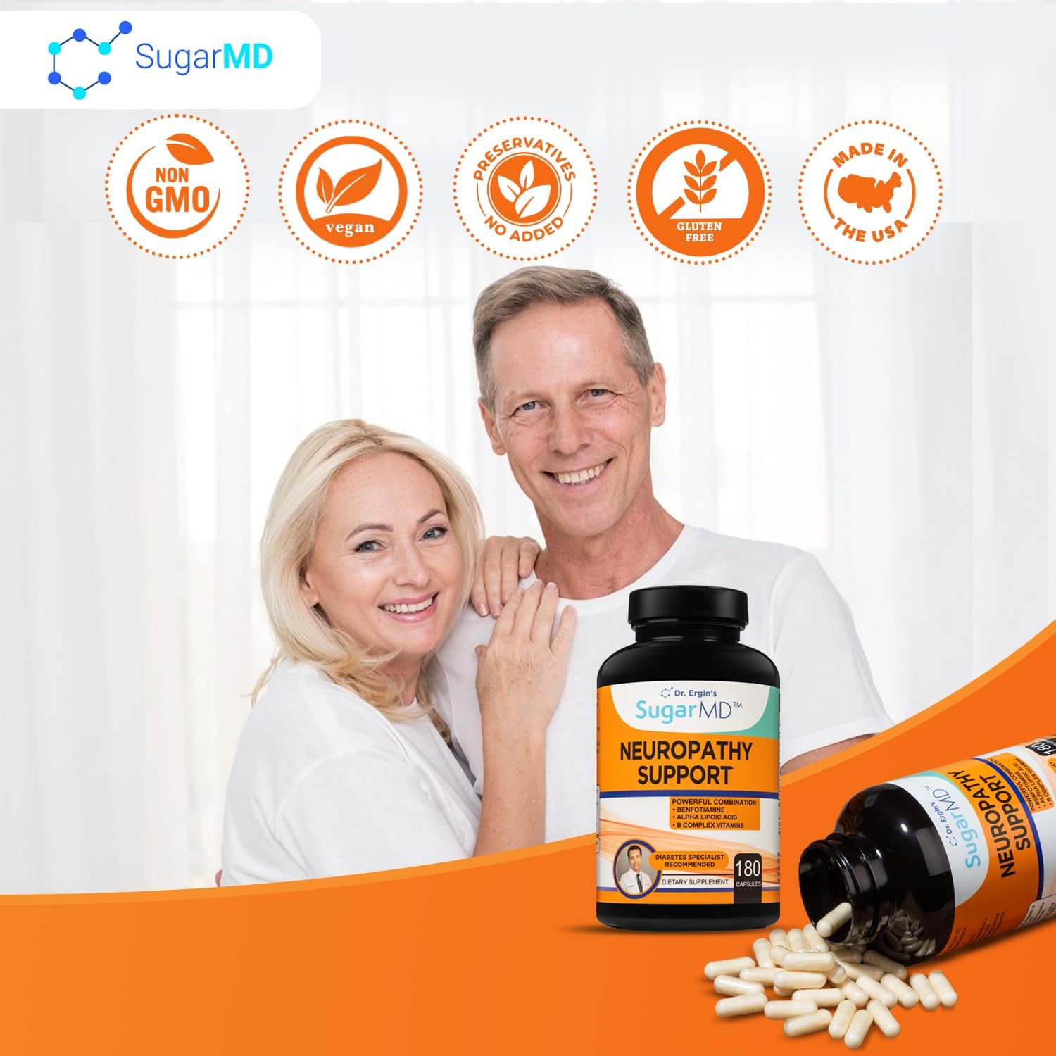 SugarMD Neuropathy Support Supplement – 180 Nerve Supplement Capsules with Alpha Lipoic Acid, Benfotiamine & Vitamin D3 B6 B12 - Nerve Support Supplement for Feet Hands Fingers & Legs - 90 Day Supply