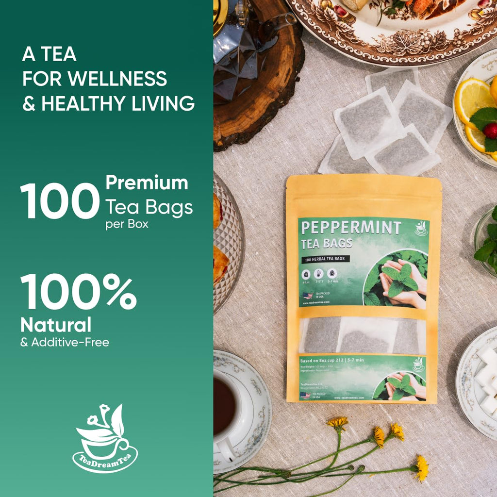 TeaDreamTea Peppermint Tea Bag - Mint tea - Herbal Tea - Mint Tea Bags - Healthy tea | Aromatic & Caffeine Free Tea (100 Teabags)