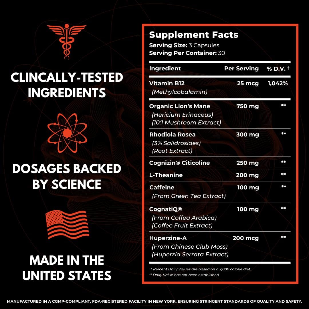 Advanced Nootropic Brain Supplement for Energy, Memory, & Focus | Lion's Mane, Caffeine, L-Theanine, and 5 Additional All-Natural Ingredients to Improve Cognitive Health (90 Capsules)