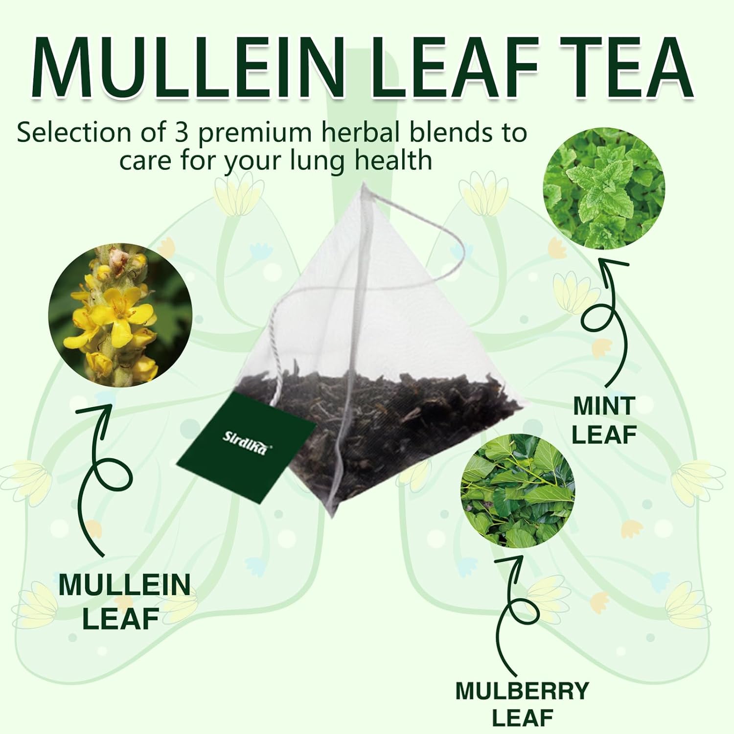 Mullein Tea Bags for Lungs - 20 Teabags (2.47oz/70g), 100% Pure Natural Premium Mullein Leaf, Mint Leaf, Mulberry Leaf for Lungs Cleanse and Respiratory Support, Herbal Teas, Caffeine Free (2 BOX)