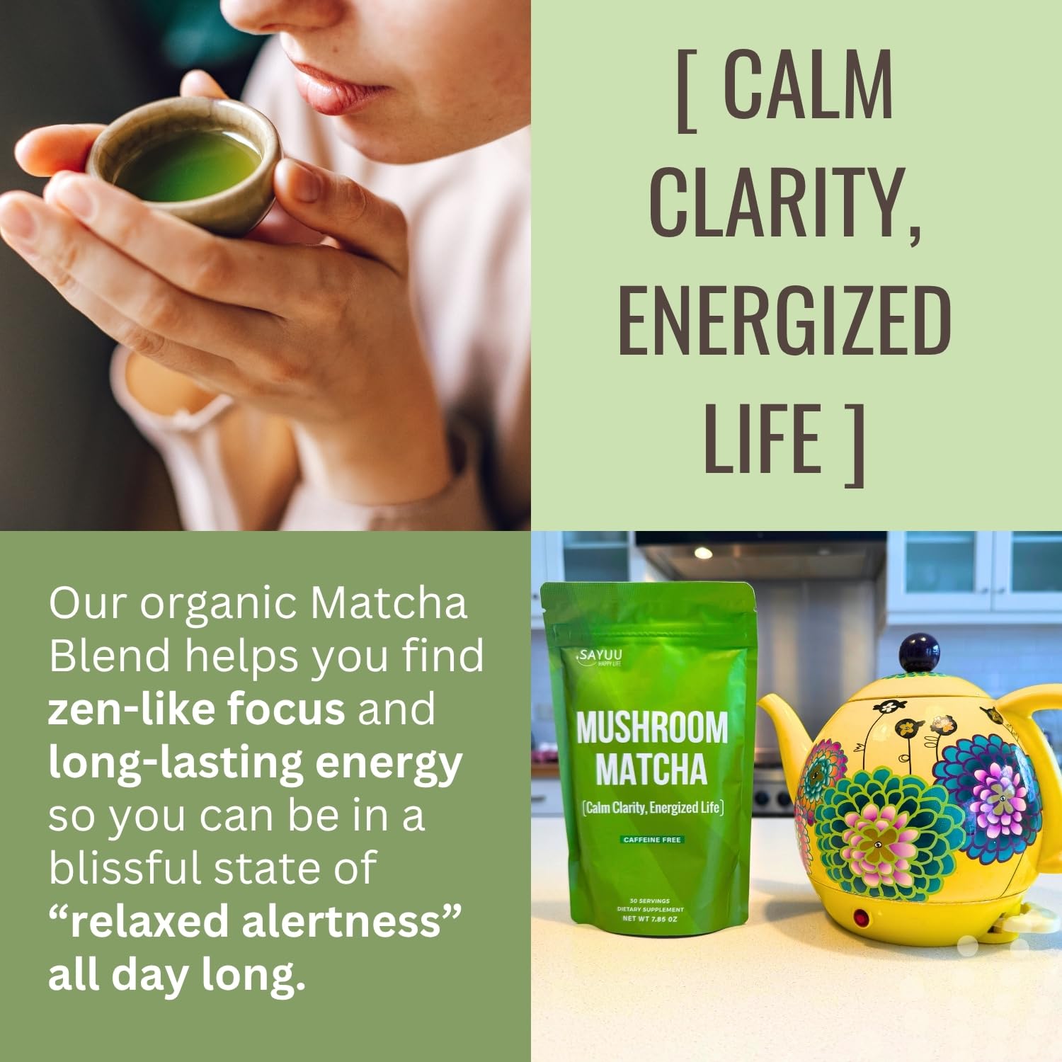 SAYUU Mushroom Matcha Coffee Powder – Instant coffee Blend with Functional Mushrooms for Calm Focus, Stamina, and Immune Support - 30 Servings