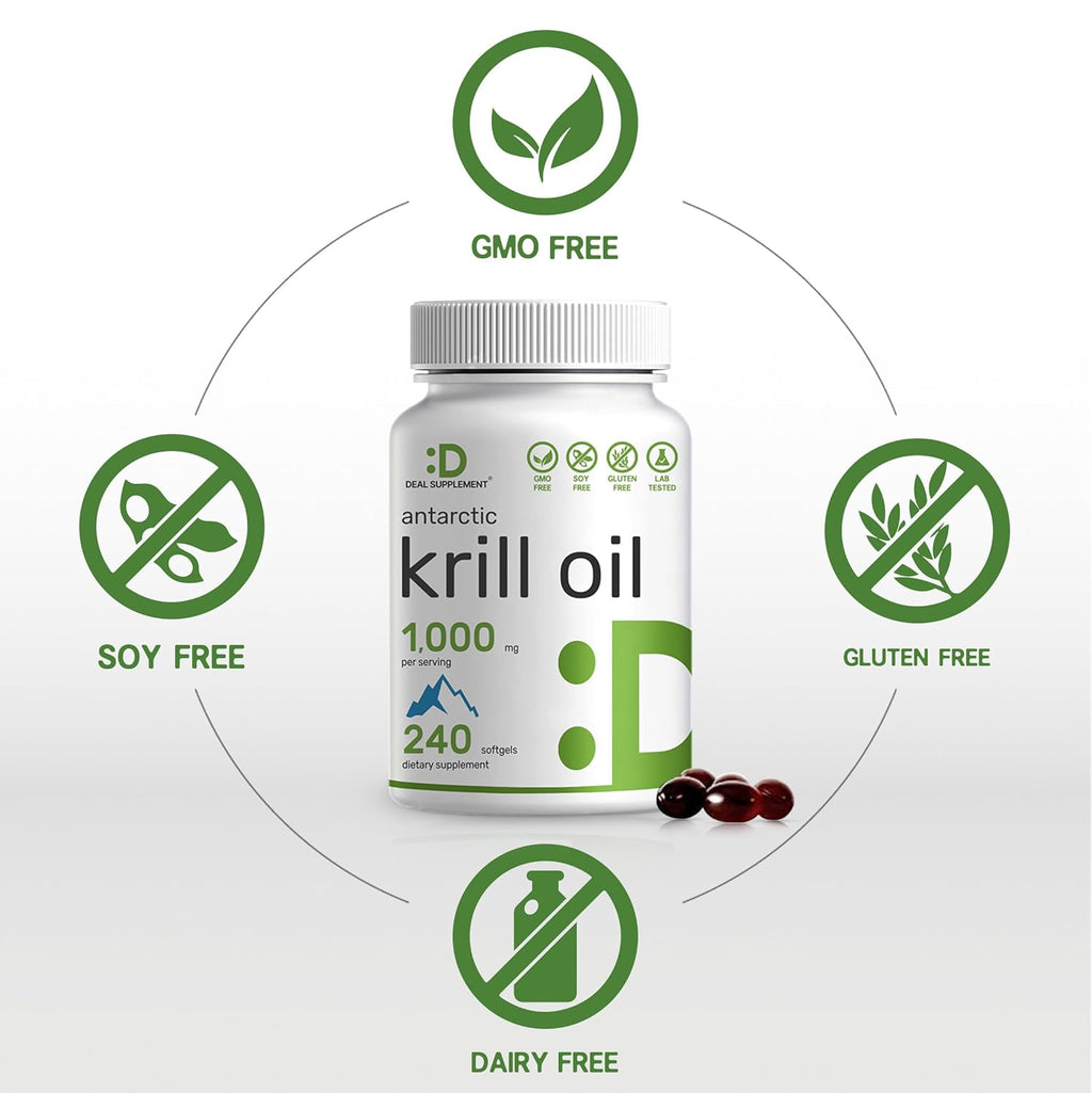 DEAL SUPPLEMENT 2 Pack Antarctic Krill Oil, 1,000mg Per Serving, 480 Softgels – Mercury Free, No Fishy Taste – Rich in Omega-3s, EPA, DHA, Astaxanthin, & Phospholipids – Non-GMO, No Gluten