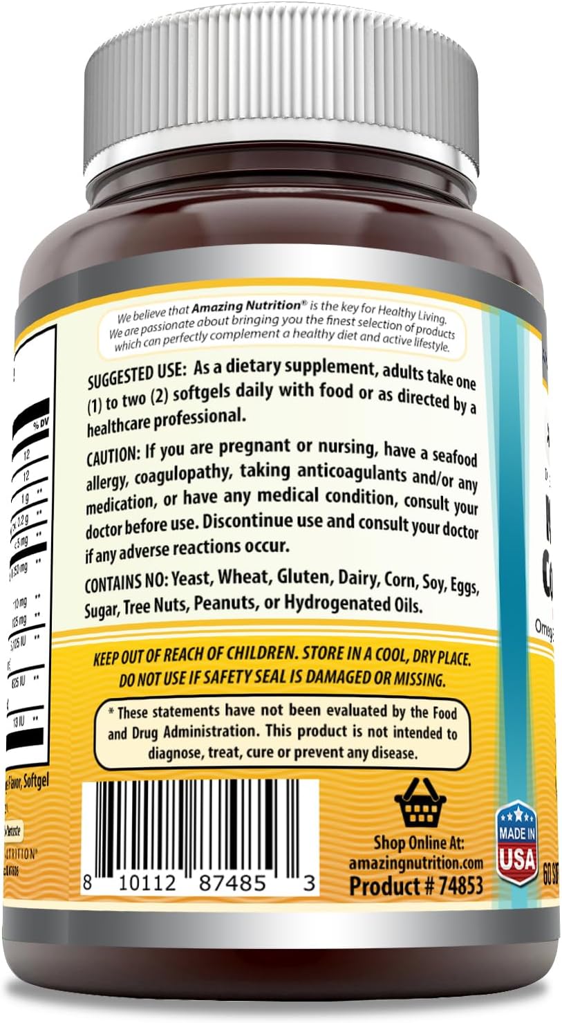 Amazing Omega Norwegian Cod Liver Oil 1250 Mg Softgels Supplement | Omega-3, EPA, DHA, Vitamin A, Vitamin D & Vitamin E (Orange | 60 Count)