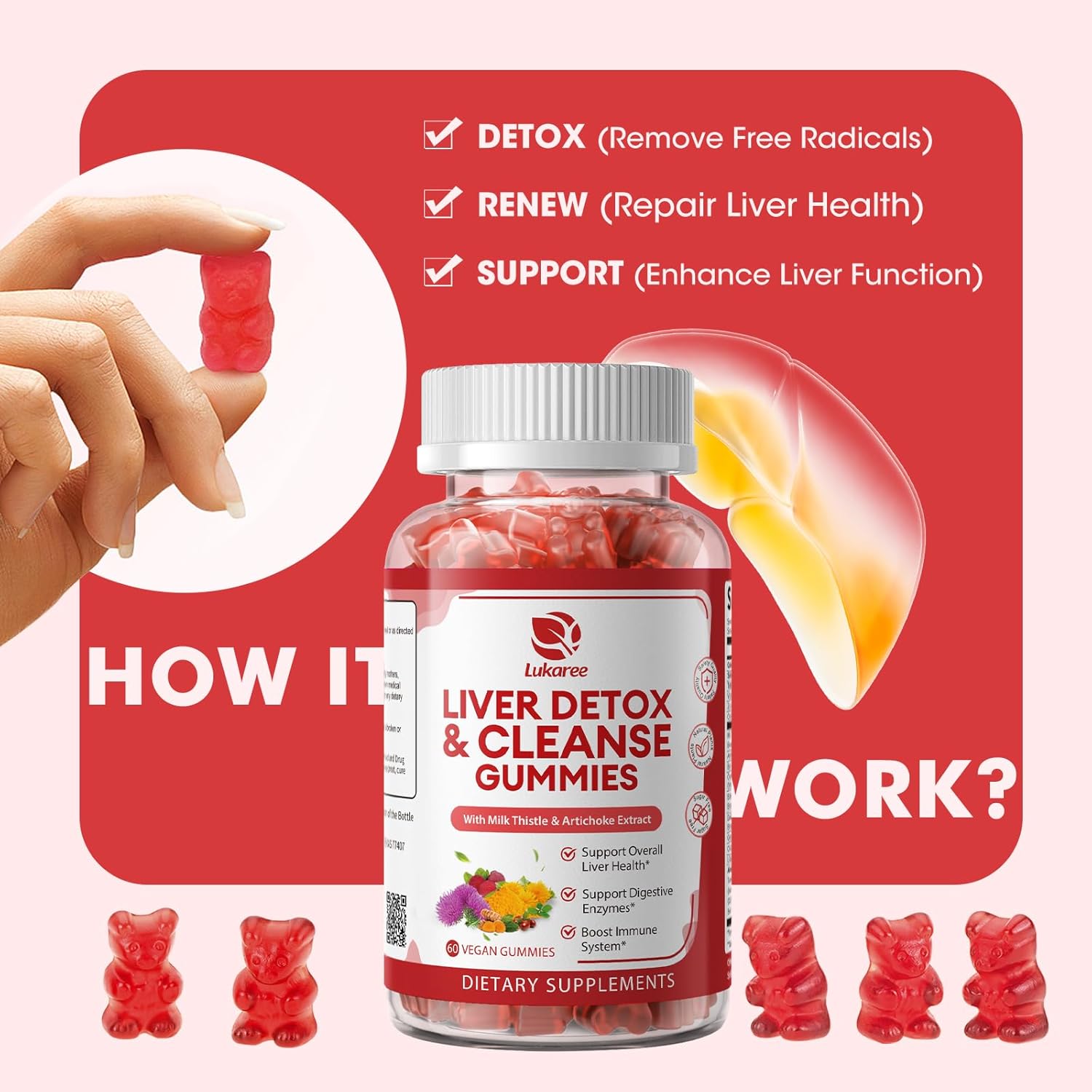 2 Pack Lukaree Liver Cleanse Detox & Repair Gummies | Sugar-free Milk Thistle Supplement w/Dandelion, Artichok & L-Glutathione - Ultra-Concentrated Herbal Liver Support for Men & Women -Vegan,60 Count