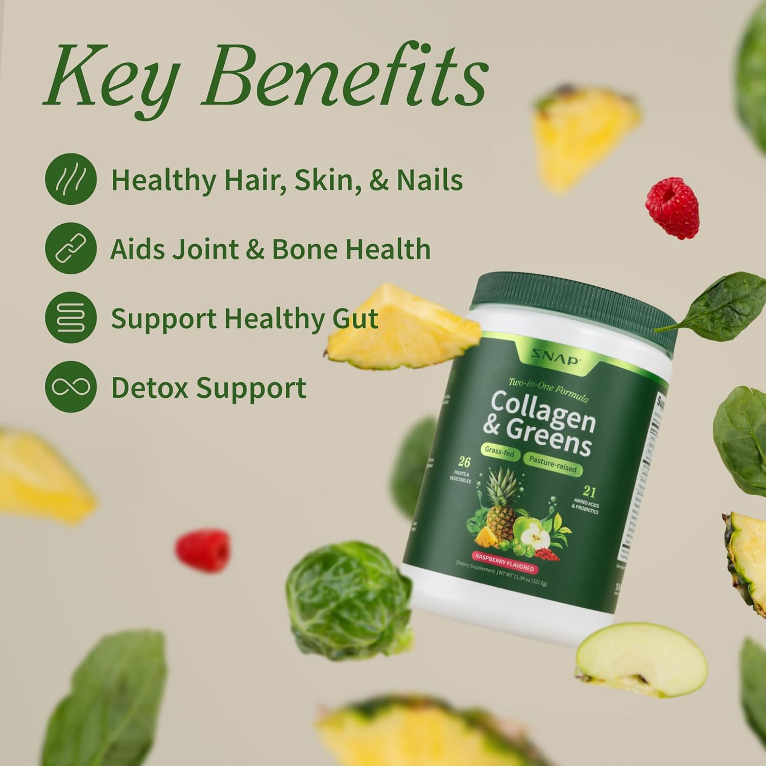 Snap Supplements Super Greens Powder with Collagen Peptides, 26 Fruits and Vegetables, Grass Fed, Non-GMO Daily Greens Superfood for Hair, Skin, Nails & Joint Support, 30 Servings