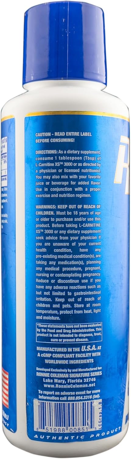 Ronnie Coleman Signature Series L-Carnitine XS 3000 Liquid, Amino Acids Metabolism and Lean Muscle Strength Support, Stimulant Free, Sugar Free, Zero Carbs, Grape, 16 Oz